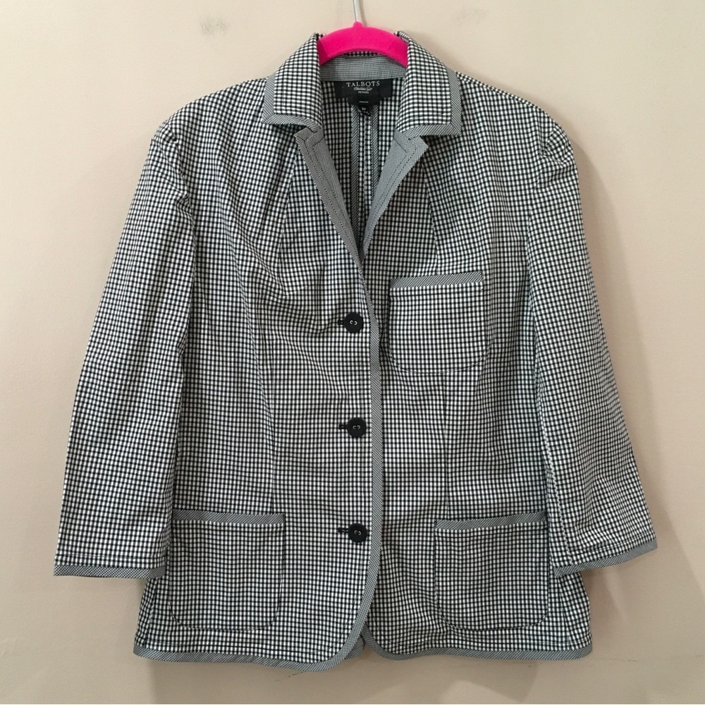 Talbots Women 8P Jacket Blazer Gingham Black White Classic Retro Workwear Career